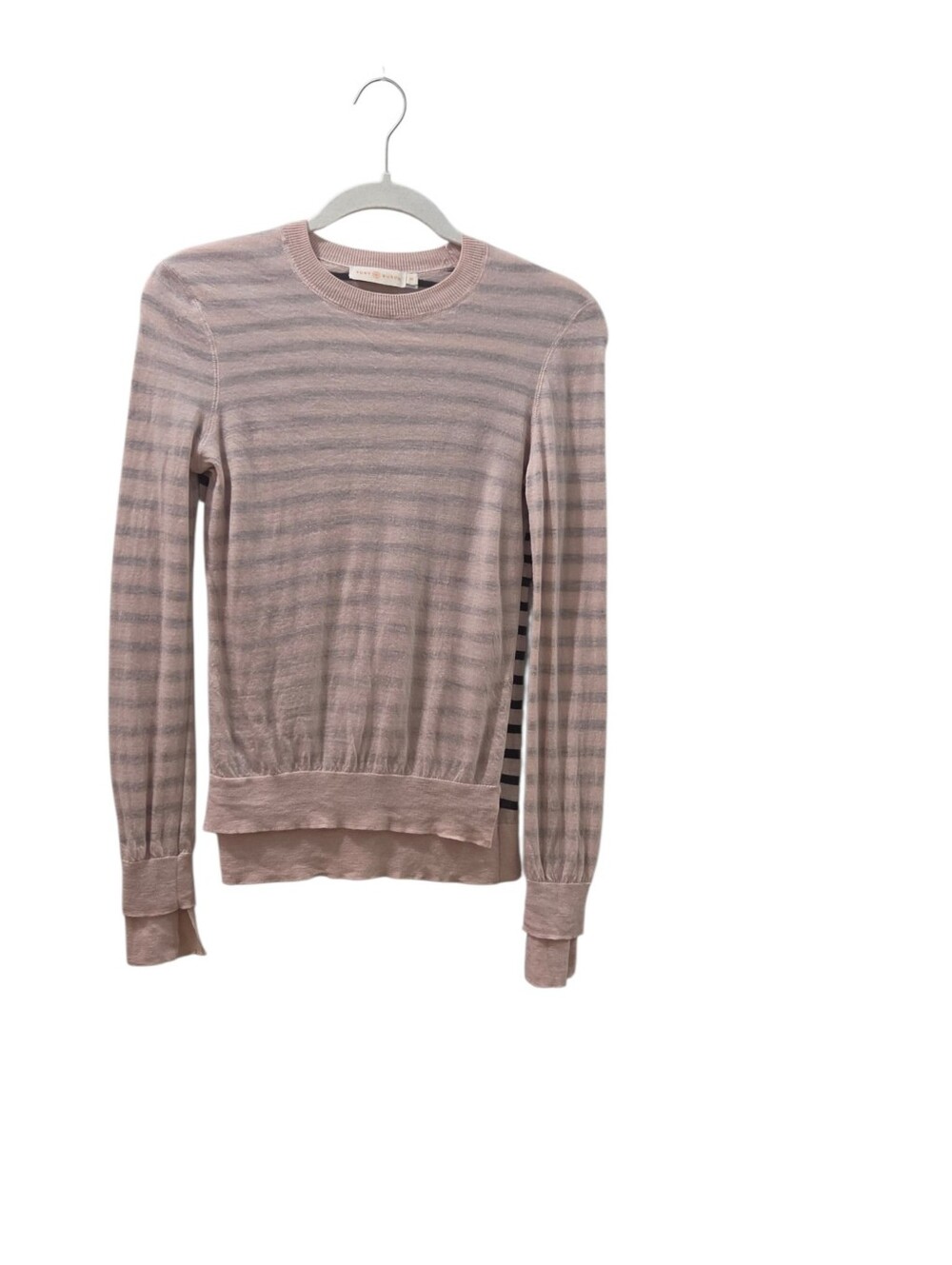 Tory Burch XS Blush Pink Gray Striped 100% Wool Crewneck Long Sleeve Sweater